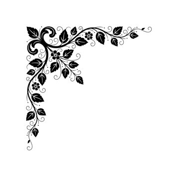 Black floral corner border with leaves and small flowers isolated on a transparent background