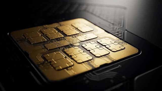 Golden sim card rotates slowly against a dark background showcasing intricate circuitry simcard cellular smartphone gsm
