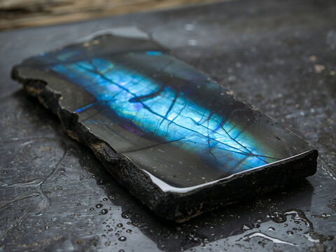 A rectangular slab of polished labradorite gemstone with a vibrant iridescent blue flash resting on a wet dark stone surface with water