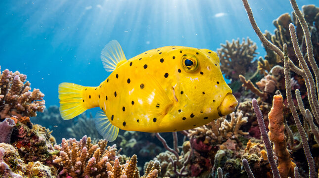 Yellow boxfish swimming over a coral reef in clear blue ocean water. Vibrant yellow fish with black spots exploring a tropical marine ecosystem under bright sunlight