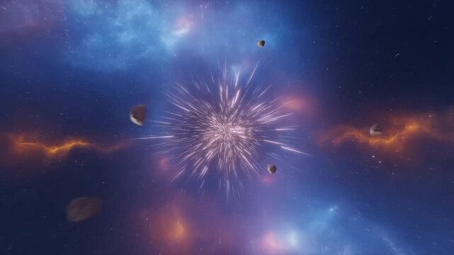 Tracking shot of asteroid fragments passing expanding energy burst in deep space nebula