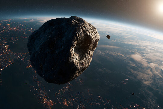 Asteroid floating in space with Earth visible in the background