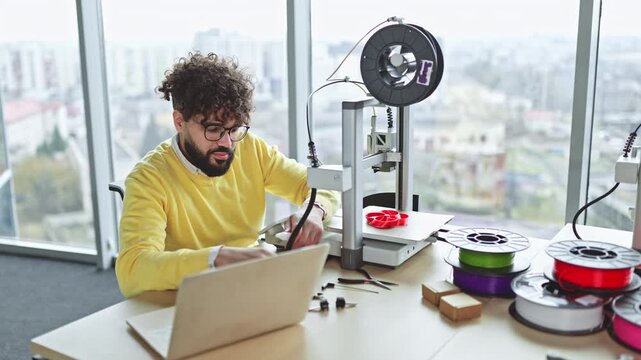 A man with curly hair and glasses is carefully adjusting a 3D printer in a modern office setting with a city view