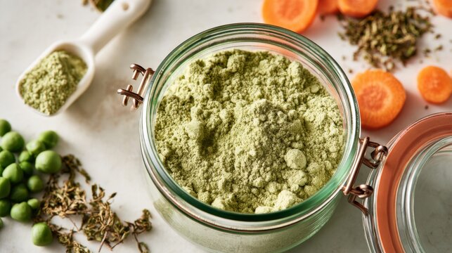 Open jar of powdered vegetable soup mix surrounded by fresh ingredients like carrots, peas, and herbs for culinary presentation