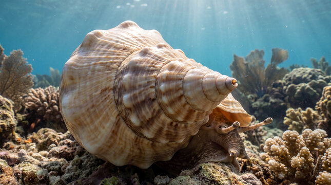Marine life and sea snail habitat photography. Large conch shell resting on an ocean coral reef. Sunlight rays filtering through crystal clear turquoise water