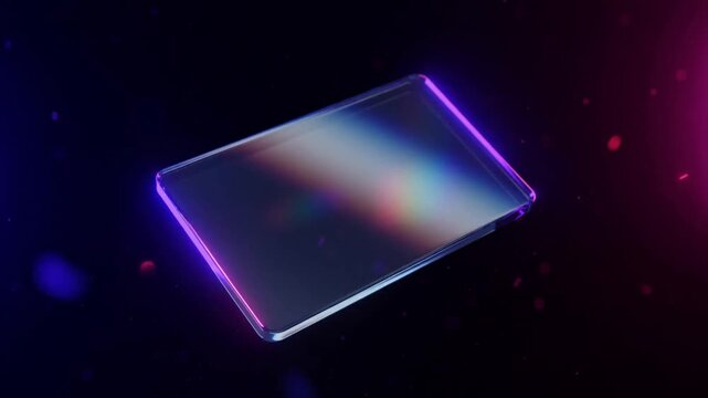 Rectangular prism rotates against a dark star filled background with neon lighting geometry shape polyhedron rotation rotating