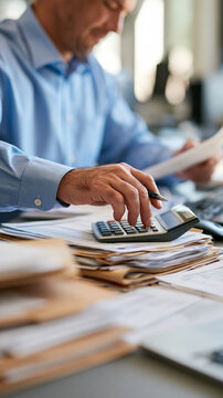 Businessman in a blue shirt cropped below the chin examining financial documents at a bright office desk using a calculator amidst paperwork and folders businessman blue shirt financial