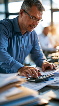 Businessman in a blue shirt cropped below the chin examining financial documents at a bright office desk using a calculator amidst paperwork and folders businessman blue shirt financial