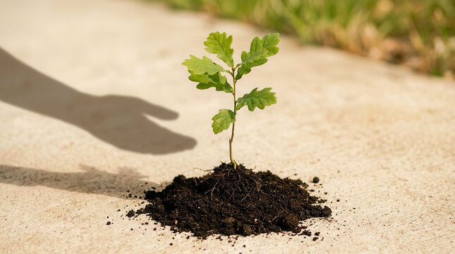 Small green oak sapling growing from a pile of dark soil on concrete surface