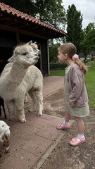 Little girl looking at a cute fluffy white alpaca on a local eco farm, children and animals friendship concept. © Irina