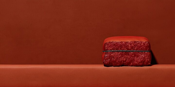 Ground beef parcel tied with green twine, resting on a monochromatic brown surface with generous copy space for food safety and recall alerts