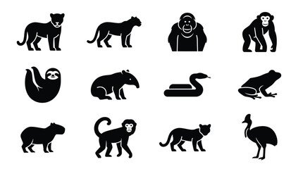 Fototapeta premium Black and white animal icons featuring various jungle creatures in silhouette style