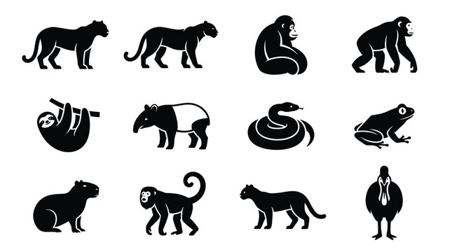 Black and white animal icons featuring cats monkeys frogs snake and sloth silhouettes
