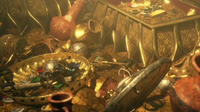 The collection includes gold coins and artifacts scattered on a surface. Various pots, jewelry, and decorative items are visible in a mixed arrangement. The scene suggests a historic or fantasy theme.