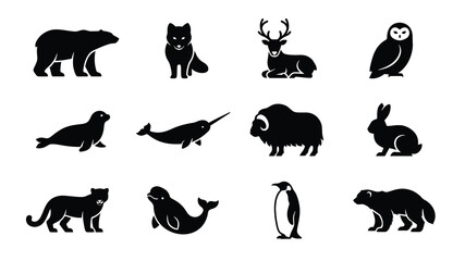 Obraz premium Black and White Silhouette Illustrations Of Various Arctic Wildlife Animals