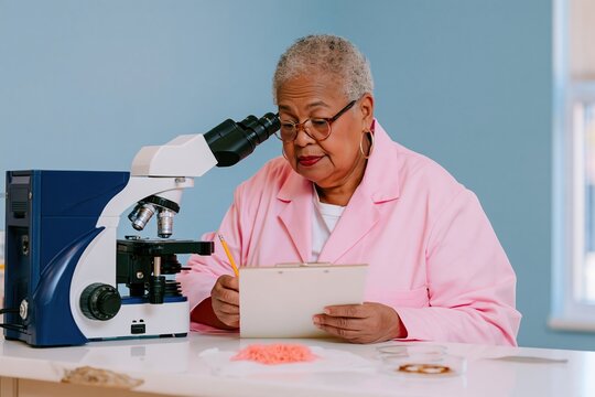 Senior woman using a microscope to analyze red fibers on a white bench, a focused scene for medical research and university science campaigns