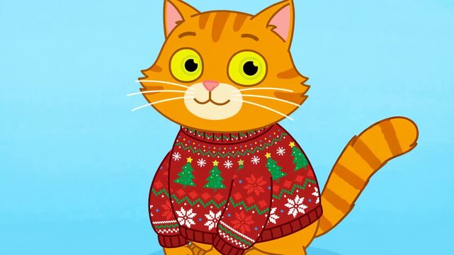 Ginger cat wearing festive Christmas sweater on blue background.