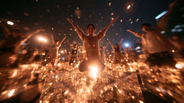 Woman with Arms Raised Celebrating at Light Festival