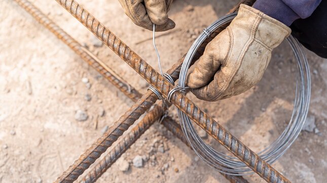 Worker Tying Steel Rebar with Wire on Construction Site
