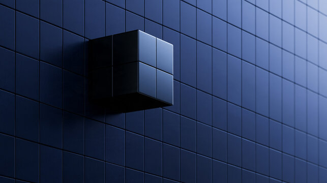 Protruding Modular Cube on Blue Tiled Geometric Wall