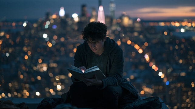 Young Man Reading Book on City Rooftop at Night