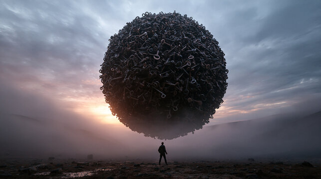 Silhouette Standing Under Giant Floating Sphere of Keys