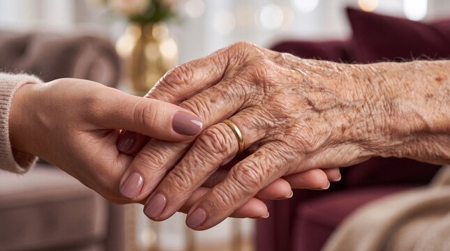 Caregiver Holding Hands with Senior Woman at Home