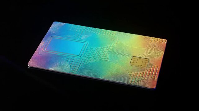 Microchip card rotates against a dark background displaying iridescent colors integratedcircuit semiconductor electronics technology circuitry chip