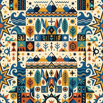 Geometric Folk Art Pattern with Nature and Mountain Motifs