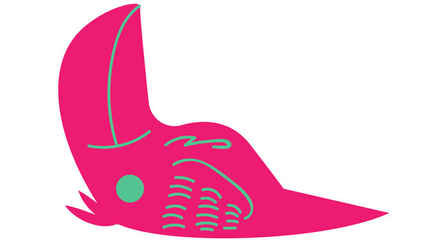 Abstract pink winged fantasy creature with flowing curved form and decorative green accents, isolated cartoon illustration on transparent background.