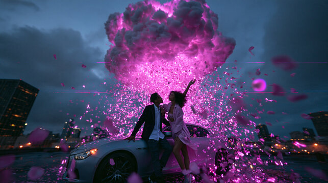 Couple Posing by Luxury Car Under Glowing Pink Cloud
