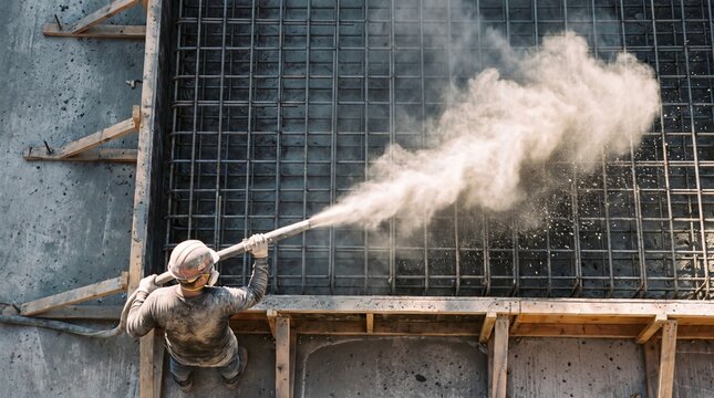 Construction Worker Spraying Shotcrete onto Steel Rebar Grid