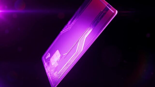 Digital card rotates against a dark futuristic background with glowing purple light circuitry chip technology electronic
