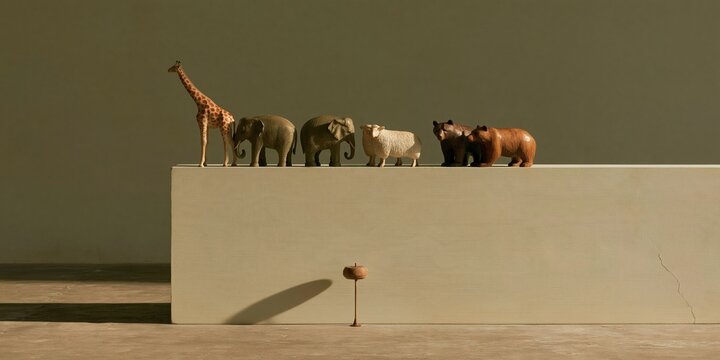 Noah's ark toy animals in pairs, carved wooden giraffes and elephants lined up on a matte surface for sunday school and lesson banners