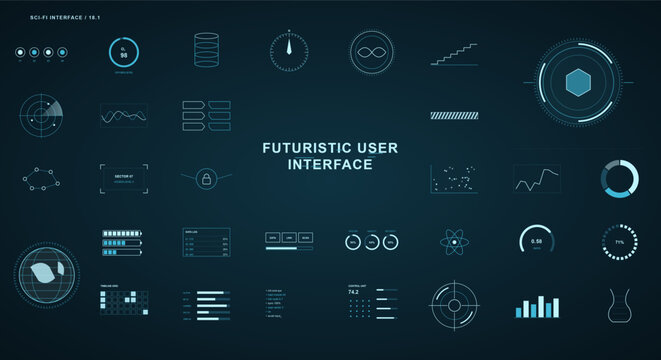 Futuristic sci-fi HUD elements set with gauges, graphs, radar and progress bars for technology apps
