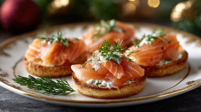 Smoked salmon canap&eacute;s creating an elegant appetizer. Perfectly presenting delicate fish on a base of cream cheese. Garnished with fresh dill and edible gold flakes for a luxurious holiday celebration