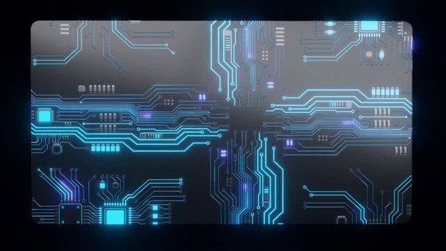 Circuit boards glow with blue lines in a dark futuristic technological display circuitry electronics motherboard chip
