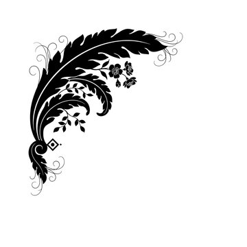 Black victorian corner flourish with leaves and small flowers isolated on a transparent background