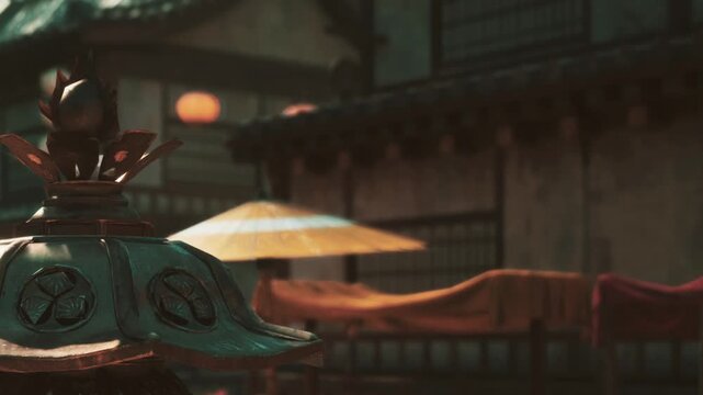 A garden lantern stands in the foreground with soft light casting shadows. In the background, traditional buildings create a serene vibe. A round umbrella and other items complete the scene.