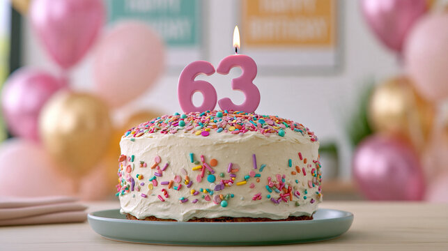 Fun Birthday Cake with Sprinkles and Pink Number 63 Candle, Colorful Balloons