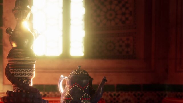 A pot is on a table in a warm room. Sunlight enters through the windows and highlights the pots details. There are colorful patterns on the walls and decorative elements around the area.