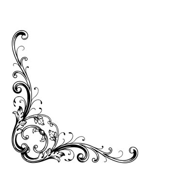 Black victorian corner flourish with ornate leaf scrolls isolated on a transparent background