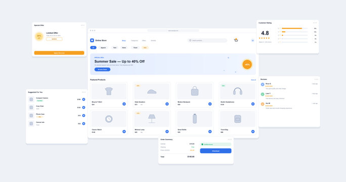Online store website UI set with product listings, shopping cart and reviews for e-commerce app