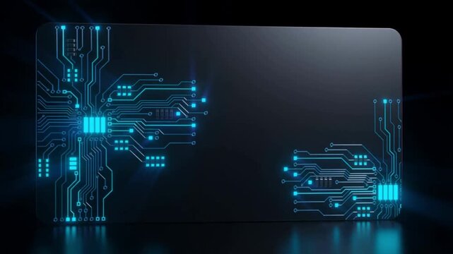 Circuit board patterns illuminate and rotate against a dark background showcasing technological complexity circuitry electronics technology