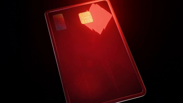 Red credit card rotates and glows against a dark background plastic payment finance banking purchase transaction