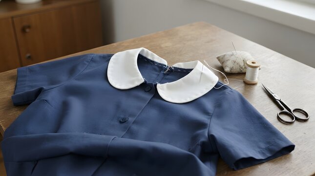 Sewing a White Collar onto a School Smock in a PRL-Era Polish Home