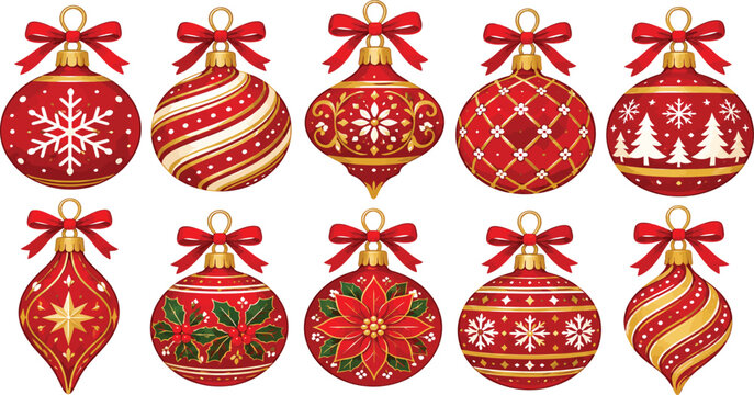 Set of ten decorative red christmas ornaments with various festive patterns and red bows christmas ornament red ball holiday decor christmas tree seasonal ornament hanging bauble decorative sph
