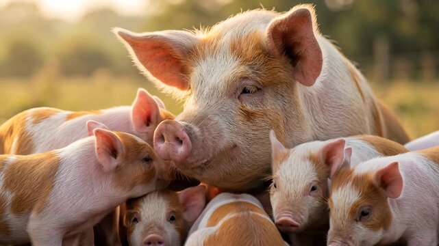 mother pig and her piglet at morning light in iowa usa video