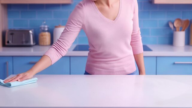 Woman wiping kitchen counter with microfiber cloth. Household cleaning routine in modern blue kitchen. Panning and tilting camera movement.
