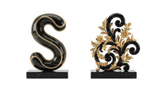 Decorative letter s and ornate floral sculpture made of black marble and gold isolated on transparent background